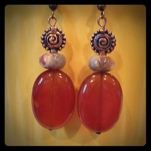 Handcrafted genuine Amber stone n Lace Agate EARAR